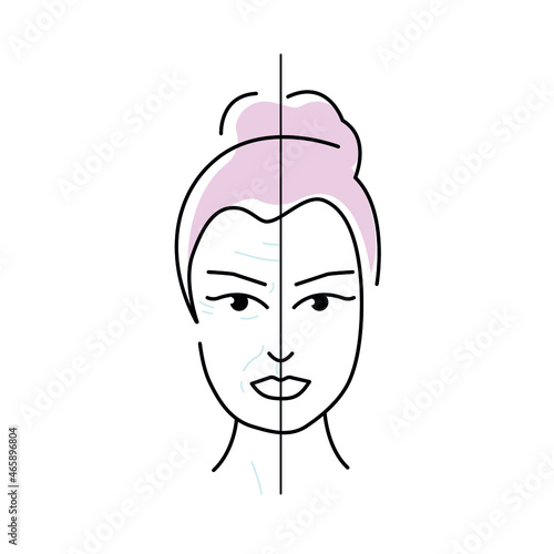 Woman face before and after face lift aging. Young woman and old woman with wrinkles. Flat Vector illustration on a white background.
