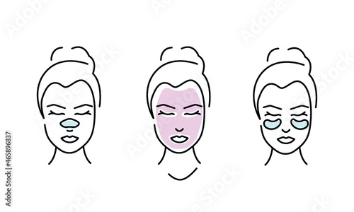 Female face and beauty cosmetic patches and mask. Women Skin care line concept. Spa treatment vector illustration  