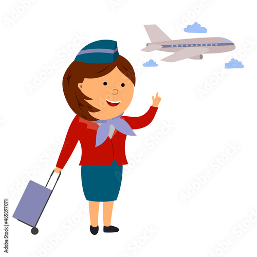 illustration of a flight attendant and an airplane, vector isolated on a white background.