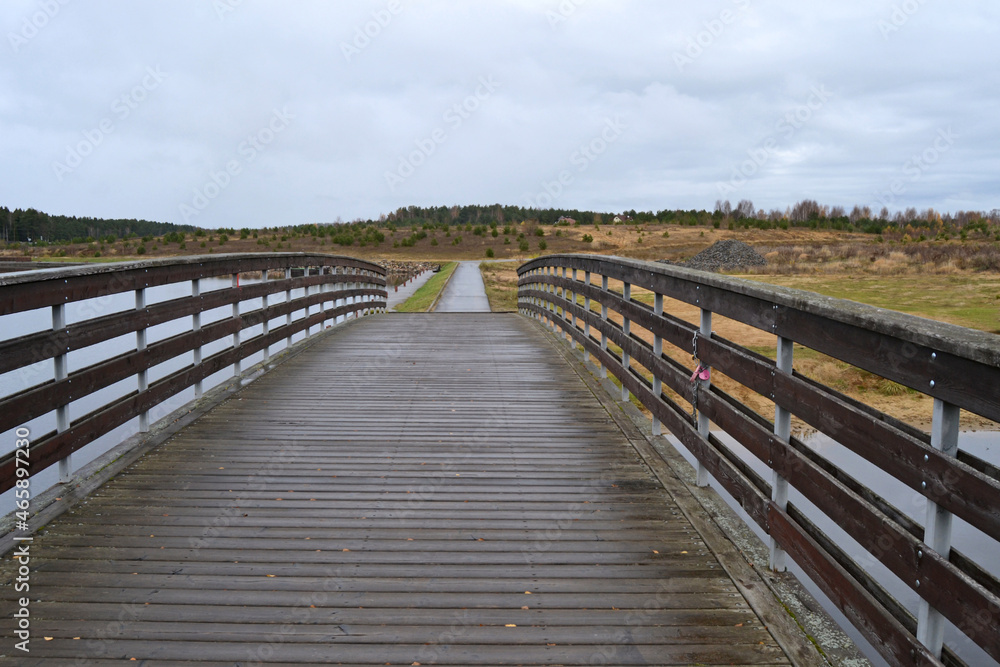 Modern footbridge over the river, close-up of wooden flooring, the path goes into the distance, where the autumn natural view.