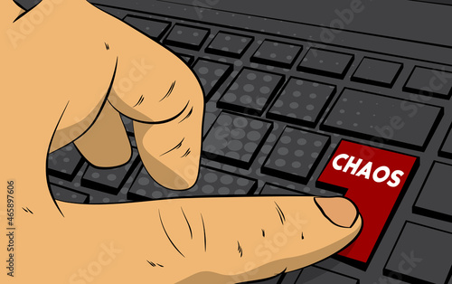 Chaos word on computer keyboard. Man push keypad on laptop. Comic book style concept.