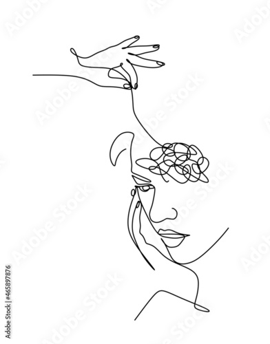 a linear drawing of a woman with a chaotic line in her head. Concepts of schizophrenia, dementia, headache, tumor