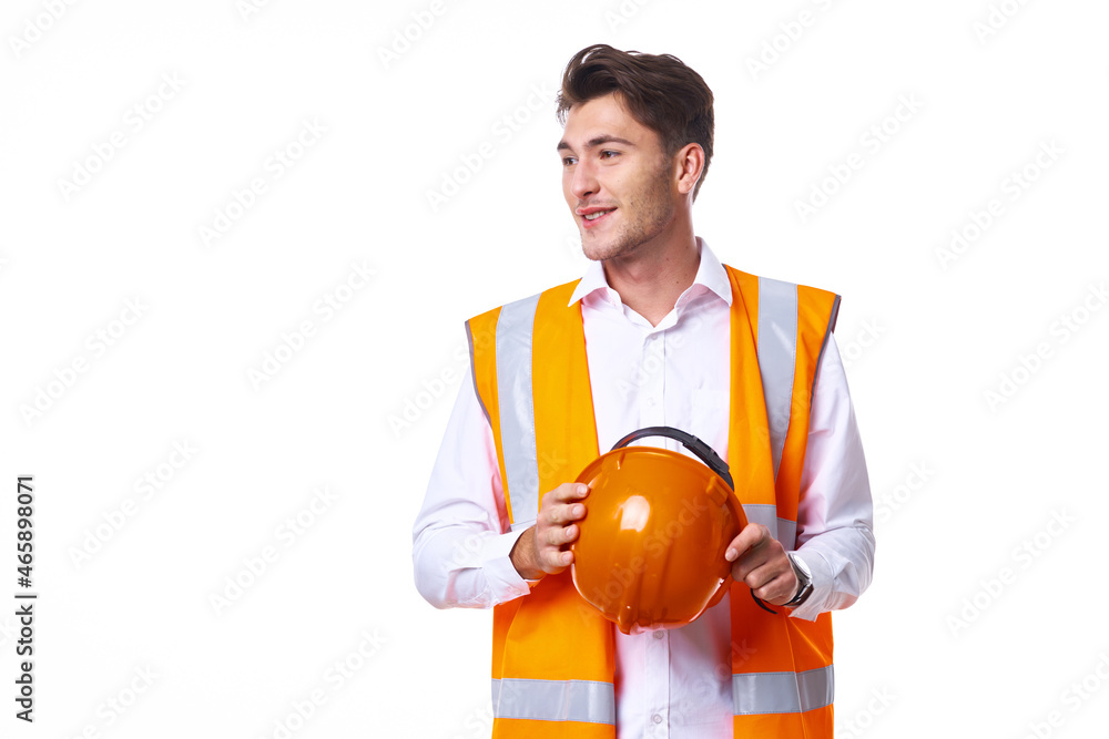 emotional worker in orange uniform Professional light background emotional worker in orange uniform Professional light background