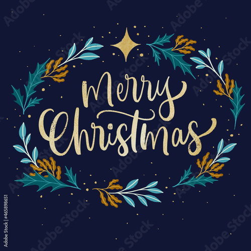Merry Christmas Hand Lettering With Stars & Leaves Illustrations