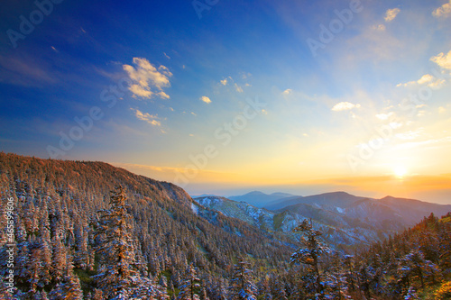 樹氷と四阿山の夕景, 山ノ内町,長野県