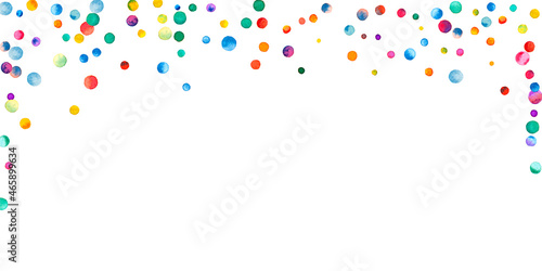 Watercolor confetti on white background. Alluring rainbow colored dots. Happy celebration wide colorful bright card. Ecstatic hand painted confetti.