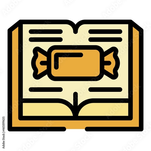 Bonbon on the open book icon. Outline bonbon on the open book vector icon color flat isolated