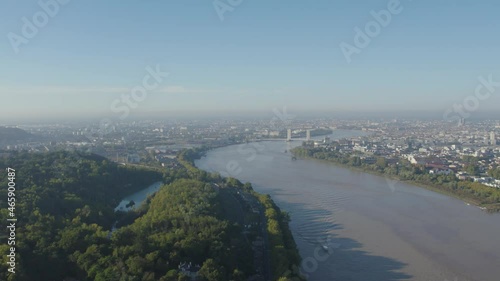 Pont d'Aquitaine bridge and  Pont Jacques Chaban-Delmas in the Garonne river Bordeaux France, Aerial pedestal up shot photo