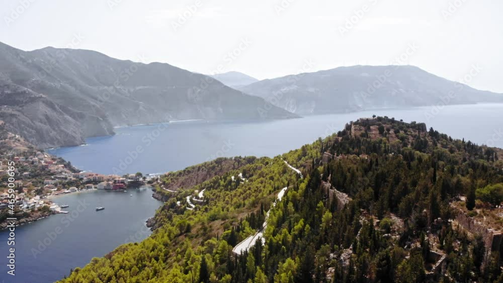 Asos Village And The Tourist Spots Of Assos And St. George Castle In Cephalonia Island, Greece. aerial Asos Village And The Tourist Spots Of Assos And St. George Castle In Cephalonia Island, Greece. aerial