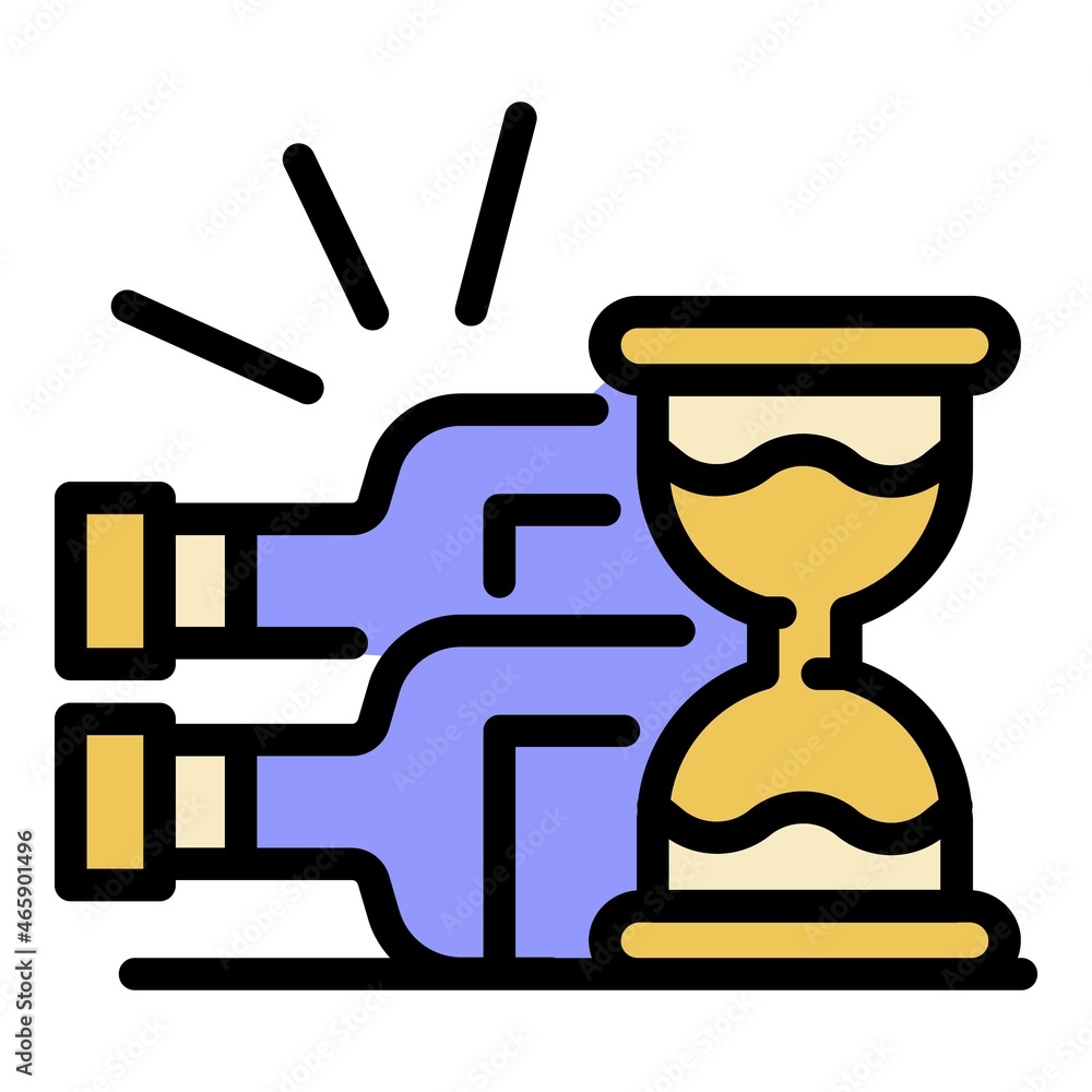 Hourglass and bottles icon. Outline hourglass and bottles vector icon color flat isolated