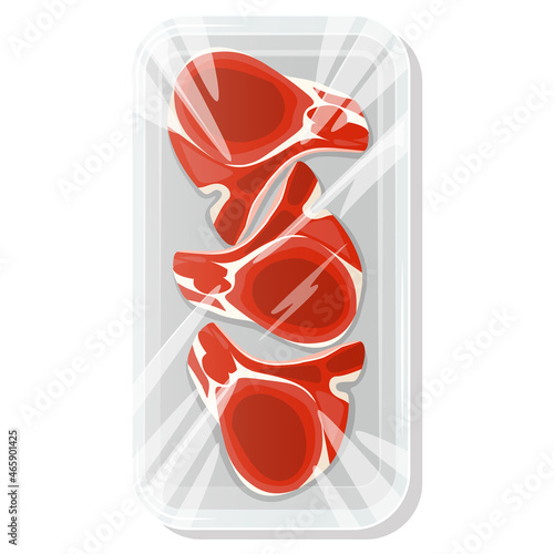 Steak on the bone. A piece of meat in a vacuum pack. Pork and beef in a plastic tray. Vector illustration.
