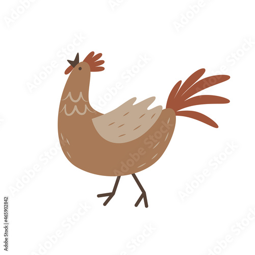 Cute cartoon rooster crowing. Natural poultry and livestock. Breeding of farm animals and birds. Simple flat icon. Illustration for children's educational books and games. Clipart for design.
