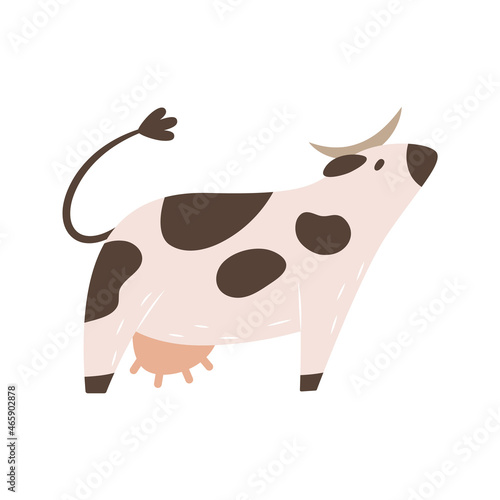 Cute cartoon cow. Farm dairy animal. Simple flat cattle icon. Illustration for children's educational books, games, stickers, food. Clipart, element, label for milk packaging. Logo for the factory.