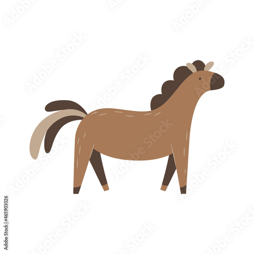 Cute cartoon brown horse. Livestock and farming. Traditional ranch animal. Simple flat icon. Illustration for baby educational books and games. Classic farm item. Clipart for label, emblem, packaging.