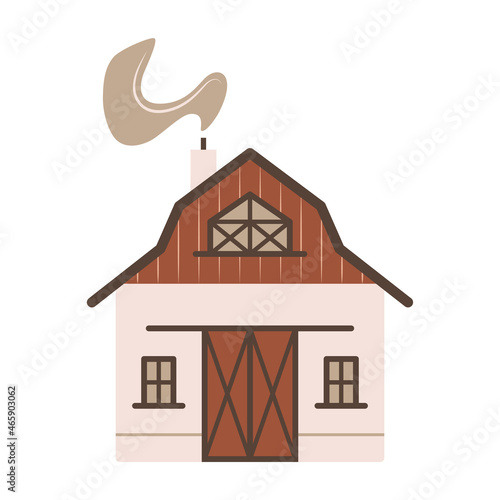 Large barn for horses. Traditional farm building for keeping animals, harvesting and storing hay. Simple cartoon flat clipart. Illustration for children's books and games. Agriculture item.