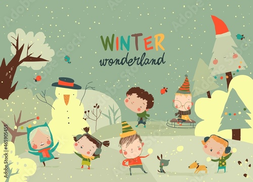 Happy Cute Kids playing Winter Games. Hello Winter