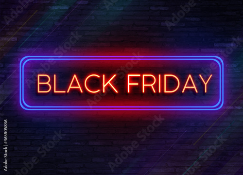 Black Friday Super Sale 3D. Neon glow. Dark background golden text lettering in bright glowing neon frame. Black Friday Sale illustration in neon style. colorful retro black Friday neon light banner.