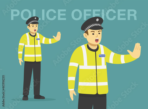 Isolated angry police officer makes a stop gesture with his hand. Perspective front view. Flat vector illustration template.