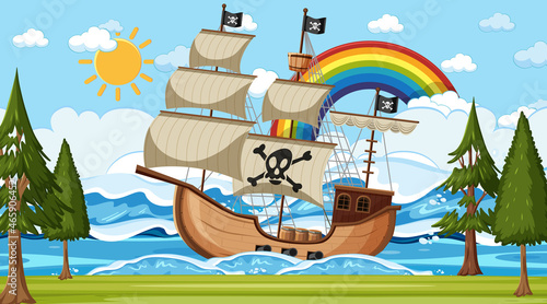 Ocean with Pirate ship at day time scene in cartoon style