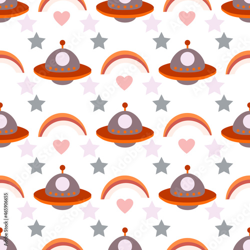 Seamless cute Space vector pattern for kids, children, baby. Rainbow, UFO, heart, stars background. for fabric, wallpaper, clothes, swaddles, apparel, planner, stickers.