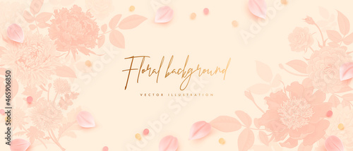 Banner design template. Vector illustration of realistic tulip petals and golden elements. Floral horizontal background for poster, cover, booklets, wedding invitation