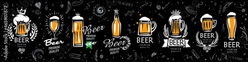 A set of vector logos with painted beer mugs on a black background
