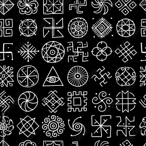 Sacred geometry background, seamless pattern. Alchemy, religion, philosophy, spirituality. Hand drawn sketch for your design