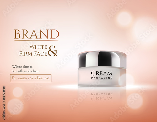 Cosmetic bottle isolated on orange shiny backdrop.Premium ads,translucent sprayer.Closeup color toner.Realistic 3d mock up for web site,advertising,poster,placard and brochure.Facial cream