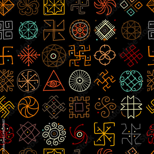 Sacred geometry background, seamless pattern. Alchemy, religion, philosophy, ...