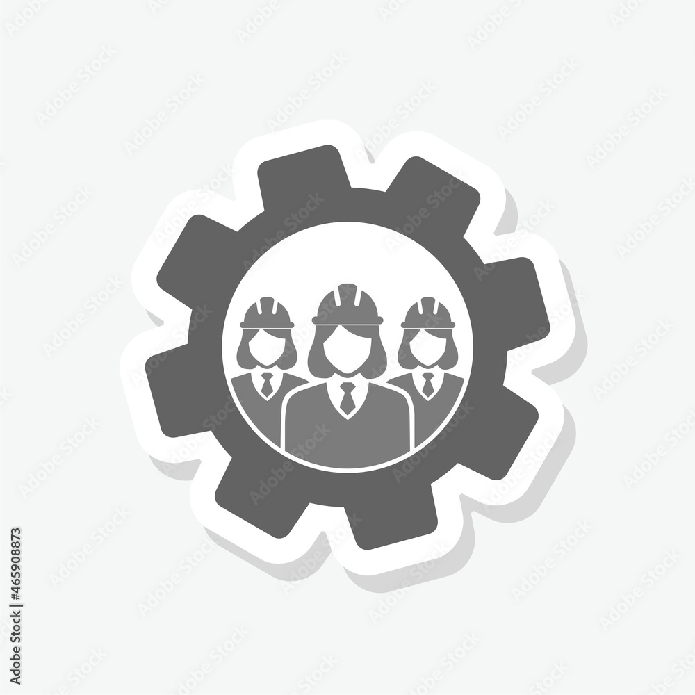 Women team workers in gear sticker icon Women team workers in gear sticker icon