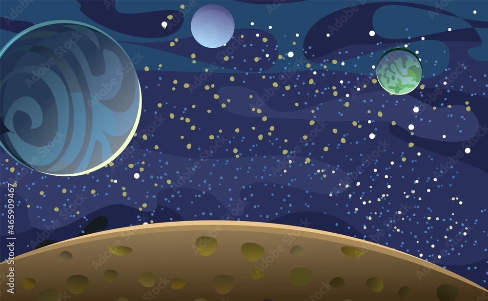 Cosmos background. Planets and their satellites. Starry sky landscape. Dark colors. Flat style. Cartoon design. Vector