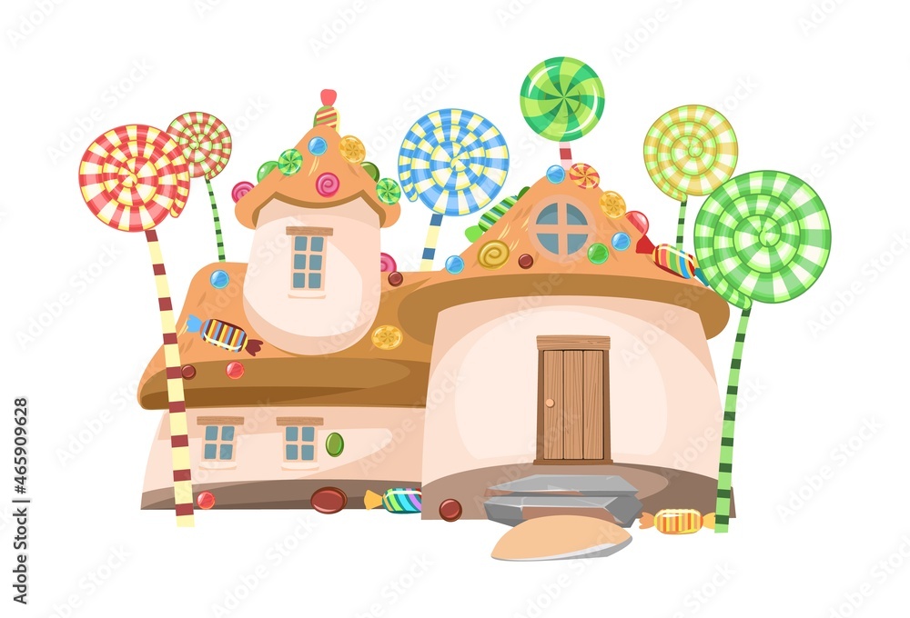 Naklejka premium Honey life. Sweet caramel fairy house with lollipop trees. Illustration in cartoon style flat design. Picture for children isolated on white background. Vector