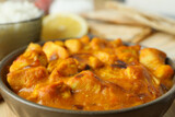 Concept of tasty food with chicken tikka, close up