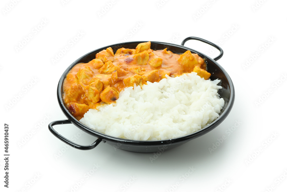 Chicken tikka with rice isolated on white background Chicken tikka with rice isolated on white background