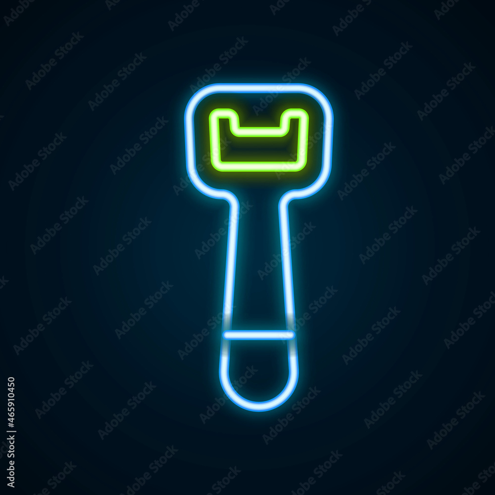 Glowing neon line Bottle opener icon isolated on black background. Colorful outline concept. Vector Glowing neon line Bottle opener icon isolated on black background. Colorful outline concept. Vector