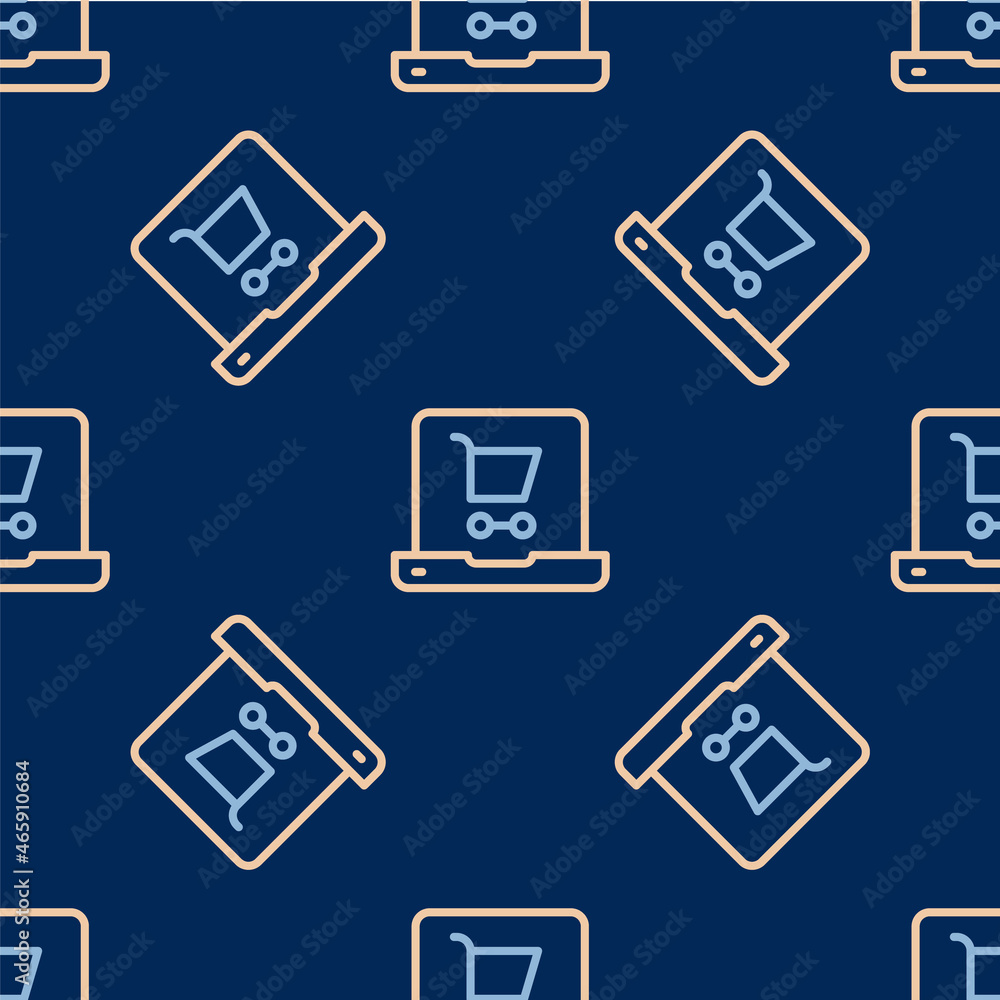 Line Shopping cart on screen laptop icon isolated seamless pattern on blue background. Concept e-commerce, e-business, online business marketing. Vector Line Shopping cart on screen laptop icon isolated seamless pattern on blue background. Concept e-commerce, e-business, online business marketing. Vector