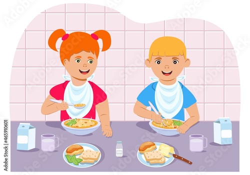 Children, a boy and a girl, eating soup from their plates. Healthy Eating. Kitchen. Groceries, butter, bread, milk. Breakfast. Lunch. Comic illustration. Vector. 