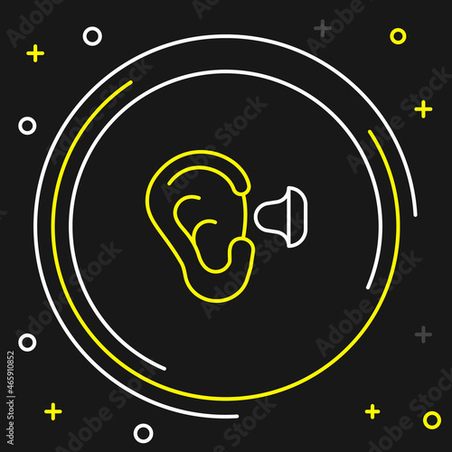 Line Earplugs and ear icon isolated on black background. Ear plug sign. Noise symbol. Sleeping quality concept. Colorful outline concept. Vector
