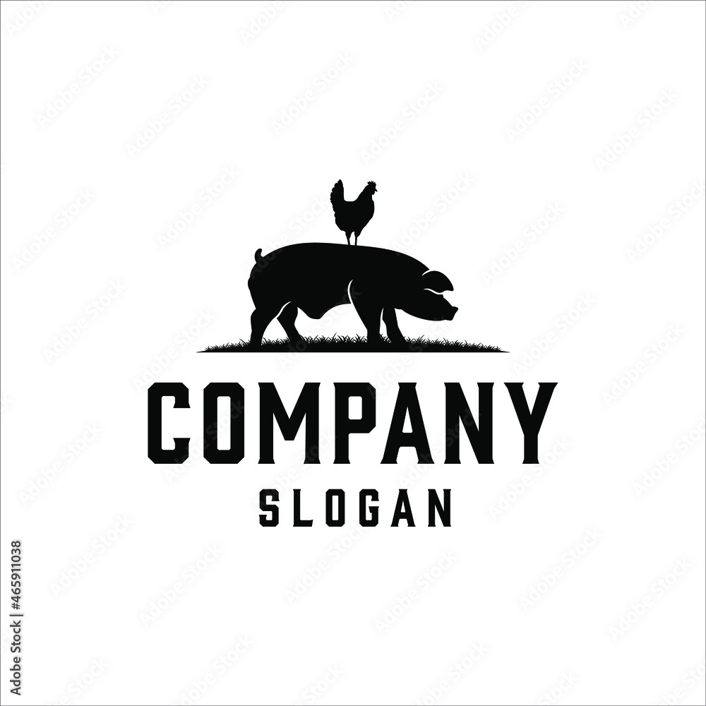 Pig and hen logo with classic style design