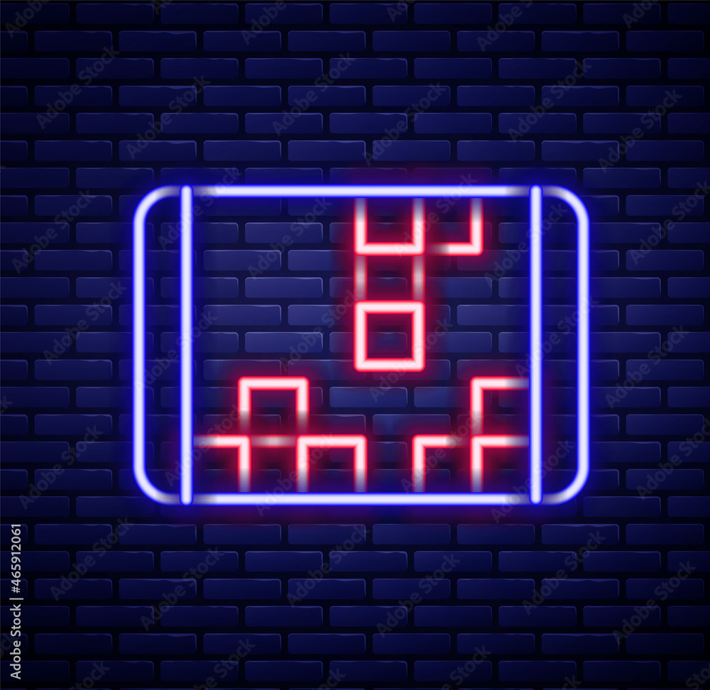 Glowing neon line Portable video game console icon isolated on brick wall background. Handheld console gaming. Colorful outline concept. Vector Glowing neon line Portable video game console icon isolated on brick wall background. Handheld console gaming. Colorful outline concept. Vector