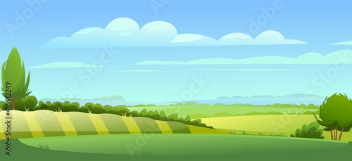 Rural landscape. Horizontal village nature illustration. Cute country hills. Foggy horizon with garden hills with beds. Flat style. Vector
