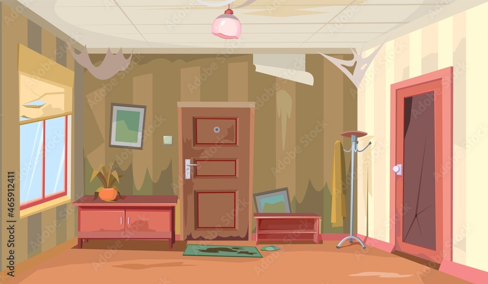Ruined hallway to the home. Abandoned house. Old non residential premises.  Repair required. Door and window. Furniture in the interior. Illustration  cartoon style flat design. Vector Stock Vector | Adobe Stock