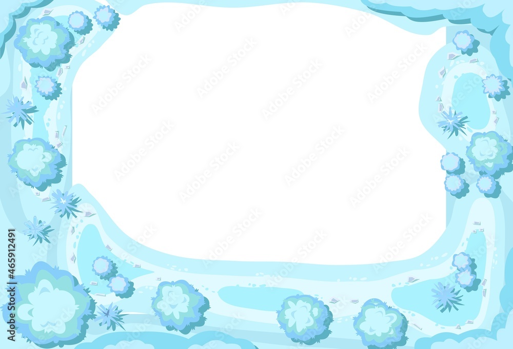 Winter landscape top view. Formless Frame around edge of image. Snowy frosty nature in cold season. From high. Drifts of snow. Illustration in cartoon style isolated on white background. Vector Winter landscape top view. Formless Frame around edge of image. Snowy frosty nature in cold season. From high. Drifts of snow. Illustration in cartoon style isolated on white background. Vector