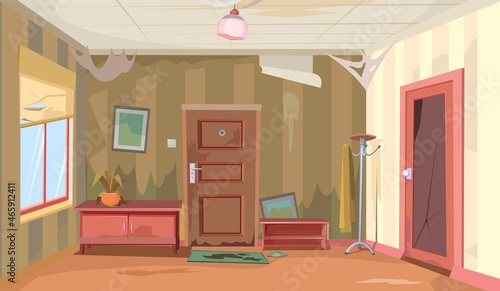 Ruined hallway to the home. Abandoned house. Old non residential premises. Repair required. Door and window. Furniture in the interior. Illustration cartoon style flat design. Vector