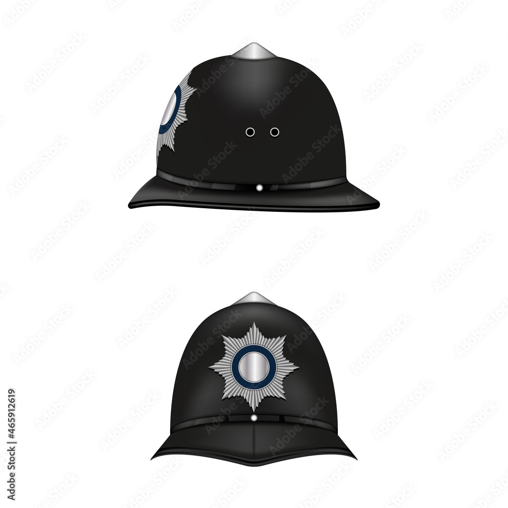 Naklejka premium Realistic 3d custodian helmet with cockade front and side view vector clip art object isolated on white background.