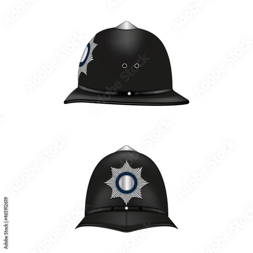 Realistic 3d custodian helmet with cockade front and side view vector clip art object isolated on white background.