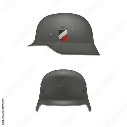 Stahlhelm fascist helmet 3D realistic vector front and side view isolated on the white background, World War II German military headgear made of steel.