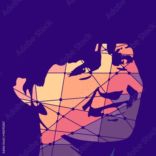 Silhouette of a female head. Connected lines with dots