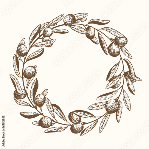 Botanical wreath with olives and leaves isolated on white background. Fresh and organic mediterranean plant. Healthy and beneficial food. Hand drawn vector illustration. Sketch style. 