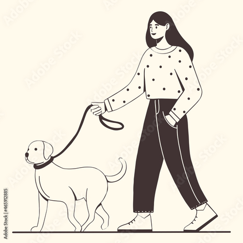 Young girl walking with her cute dog. Happy pet owner. Adorable labrador retriever. Flat vector illustration. Sketch style.